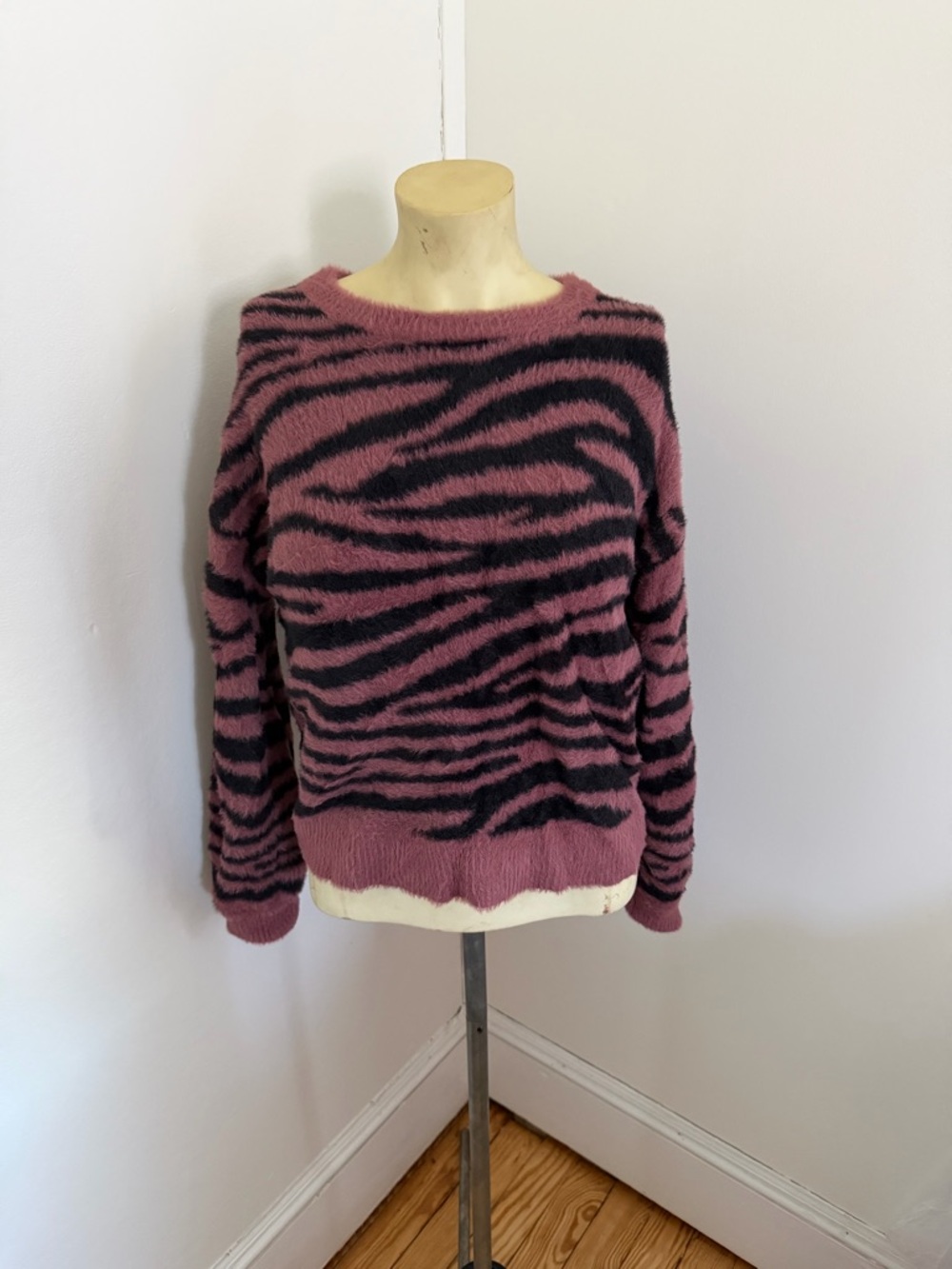Express Pink and Black Zebra-Print Crewneck Sweater